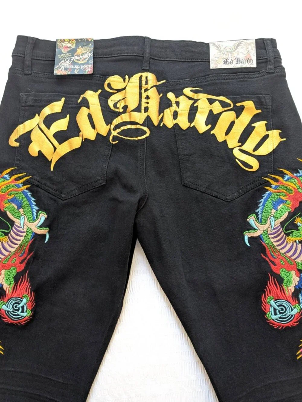 Ed Hardy Men’s 34 Black Dragon Embroidered Stacked Bootcut Jeans NWT Y2K
